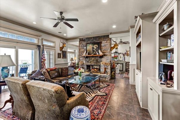 Fireplace, Interior, Living room, Recessed Lighting, Stone Walls