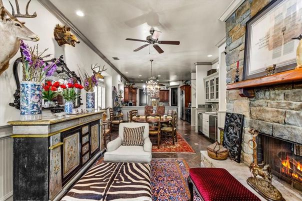 Chandelier, Dining room, Fireplace, Interior, Kitchen, Recessed Lighting, Stone Walls