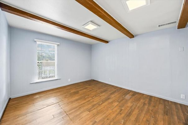 Empty room, Interior, Recessed Lighting, Wooden Beams, Wood Texture Flooring
