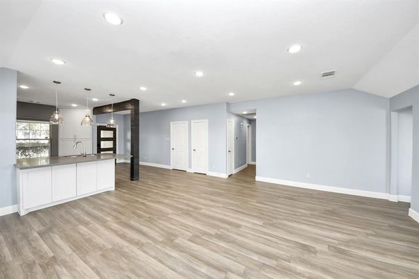 Empty room, Interior, Kitchen, Pendant Lights, Recessed Lighting, Wood Texture Flooring