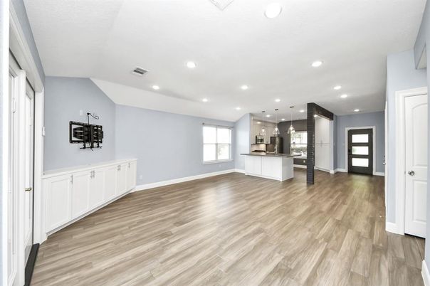Empty room, Interior, Kitchen, Pendant Lights, Recessed Lighting, Wood Texture Flooring