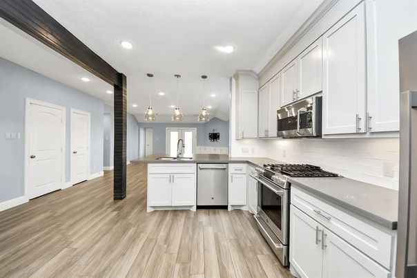 Interior, Kitchen, Pendant Lights, Recessed Lighting, Stainless Steel Appliances, Wood Texture Flooring