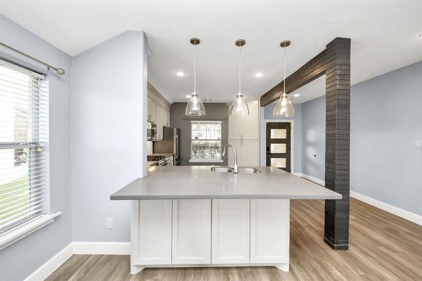 Interior, Kitchen, Pendant Lights, Recessed Lighting, Wood Texture Flooring