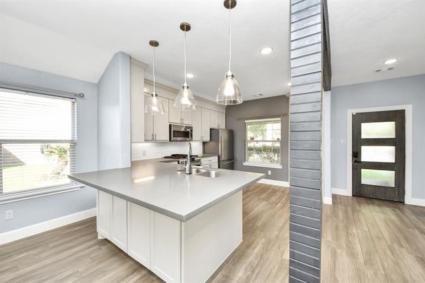Interior, Kitchen, Pendant Lights, Recessed Lighting, Stainless Steel Appliances, Wood Texture Flooring