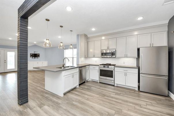 Interior, Kitchen, Pendant Lights, Recessed Lighting, Stainless Steel Appliances, Wood Texture Flooring