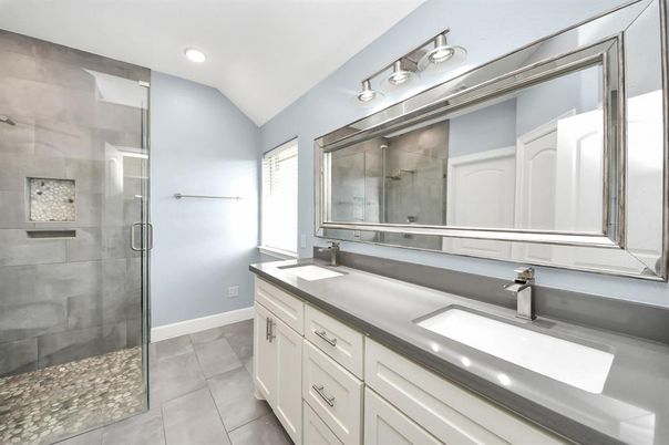 Bathroom, Dual Sink Vanities, Glass Shower, Interior, Recessed Lighting