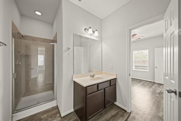 Bathroom, Glass Shower, Interior, Recessed Lighting, Wood Texture Flooring