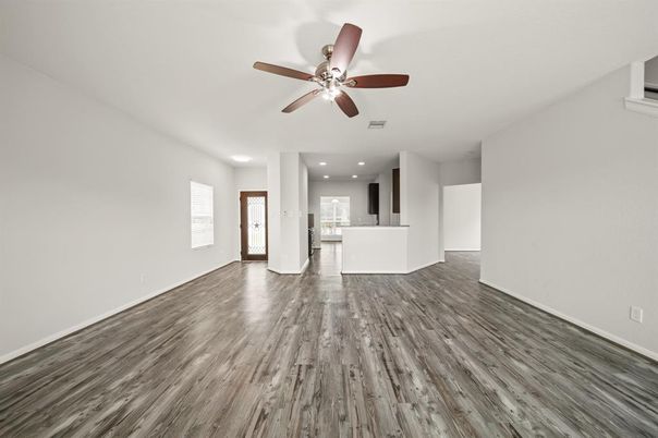 Empty room, Interior, Kitchen, Recessed Lighting, Wood Texture Flooring