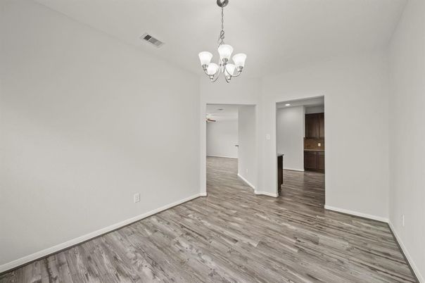 Chandelier, Empty room, Interior, Recessed Lighting, Wood Texture Flooring