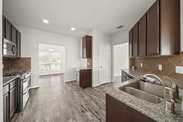 Interior, Kitchen, Recessed Lighting, Wood Texture Flooring