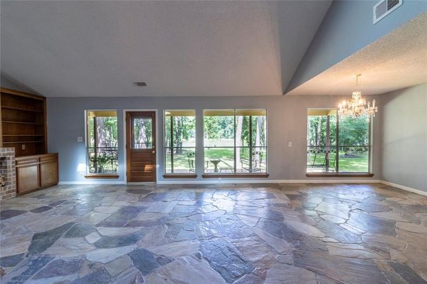 Chandelier, Empty room, Fireplace, Interior, Stone Walls