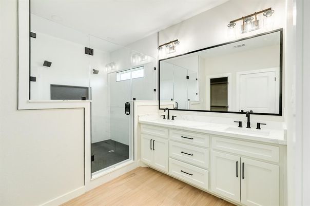 Bathroom, Dual Sink Vanities, Glass Shower, Interior, Wood Texture Flooring