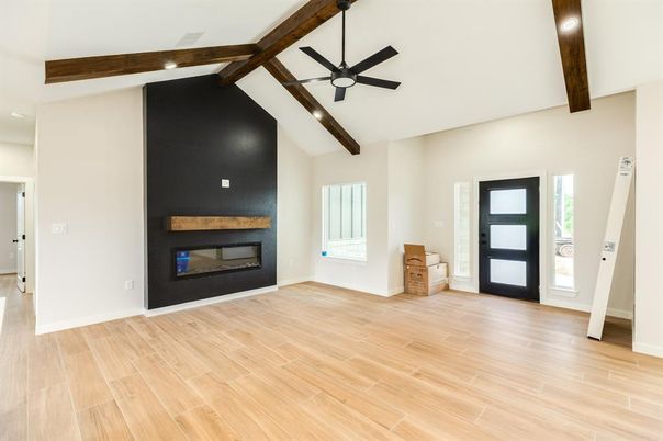 Empty room, Fireplace, Interior, Recessed Lighting, Wooden Beams, Wood Texture Flooring