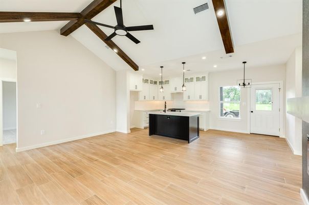 Interior, Kitchen, Pendant Lights, Recessed Lighting, Wooden Beams, Wood Texture Flooring