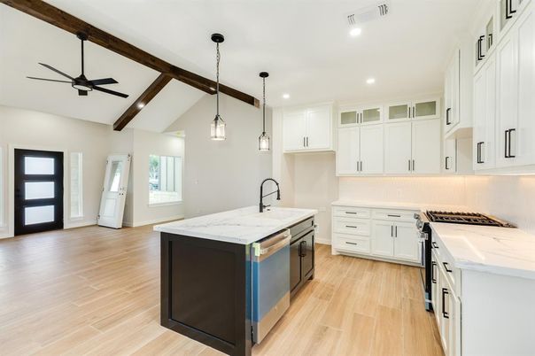 Interior, Kitchen, Pendant Lights, Recessed Lighting, Wooden Beams, Wood Texture Flooring
