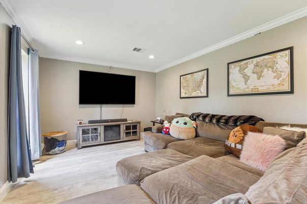Interior, Living room, Recessed Lighting, Wood Texture Flooring