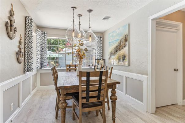 Dining room, Interior, Pendant Lights, Wood Texture Flooring