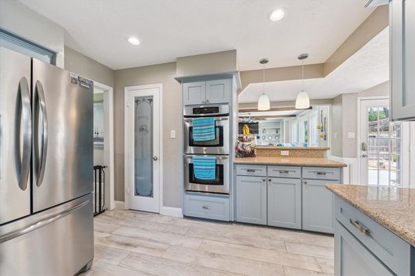 Interior, Kitchen, Pendant Lights, Recessed Lighting, Stainless Steel Appliances, Wood Texture Flooring