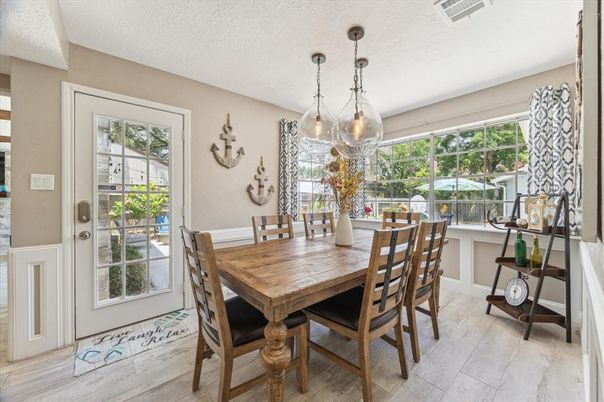 Dining room, Interior, Pendant Lights, Wood Texture Flooring