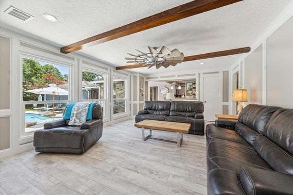 Interior, Living room, Recessed Lighting, Wooden Beams, Wood Texture Flooring