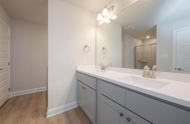 Bathroom, Dual Sink Vanities, Glass Shower, Interior, Wood Texture Flooring