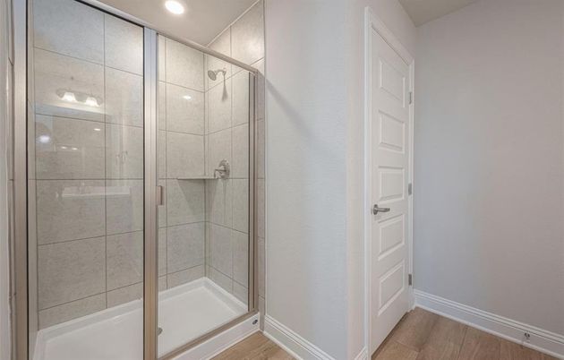 Bathroom, Glass Shower, Interior, Recessed Lighting, Wood Texture Flooring