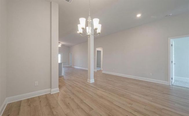 Chandelier, Empty room, Interior, Recessed Lighting, Wood Texture Flooring
