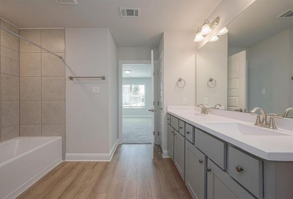 Bathroom, Dual Sink Vanities, Interior, Wood Texture Flooring