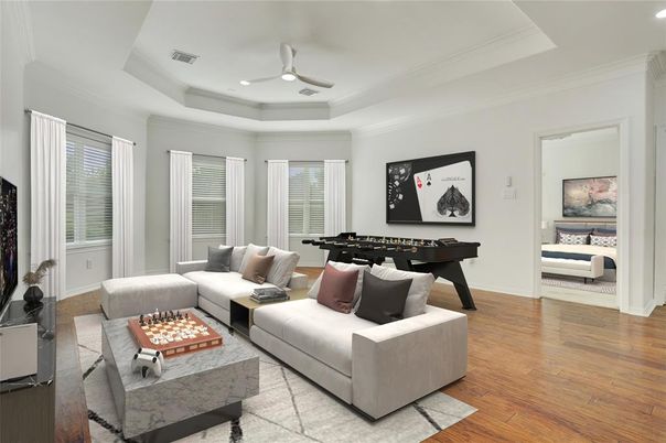 Game Room, Interior, Living room, Recessed Lighting, Wood Texture Flooring