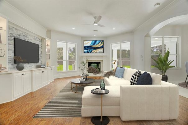 Fireplace, Interior, Living room, Recessed Lighting, Wood Texture Flooring