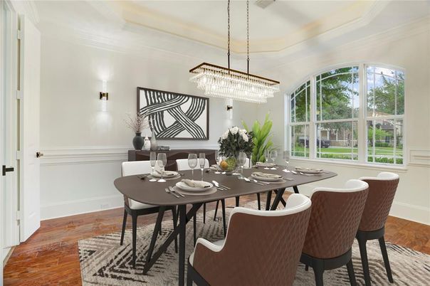 Chandelier, Dining room, Interior, Wood Texture Flooring