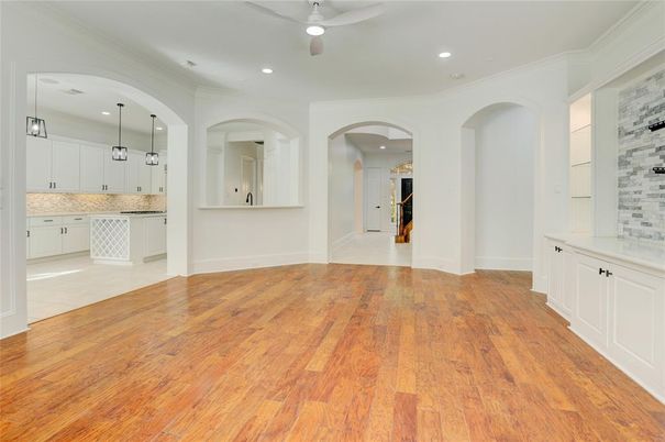 Empty room, Interior, Kitchen, Pendant Lights, Recessed Lighting, Wood Texture Flooring