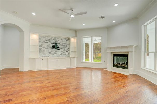 Empty room, Fireplace, Interior, Recessed Lighting, Wood Texture Flooring