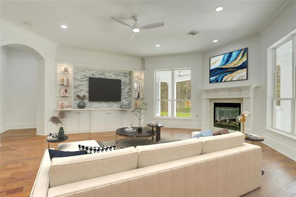 Fireplace, Interior, Living room, Recessed Lighting, Wood Texture Flooring