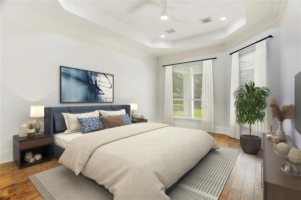 Bedroom, Interior, Recessed Lighting, Wood Texture Flooring