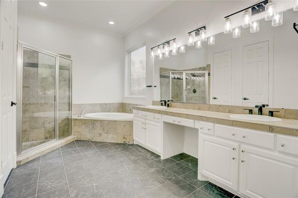 Bathroom, Dual Sink Vanities, Glass Shower, Interior, Recessed Lighting, Tile Countertops