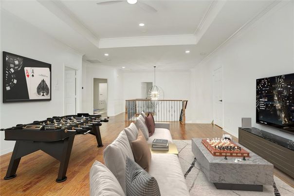 Dining room, Game Room, Interior, Living room, Pendant Lights, Recessed Lighting, Wood Texture Flooring