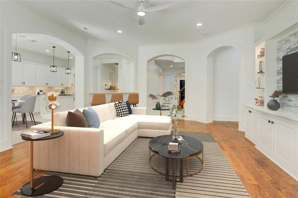 Dining room, Interior, Living room, Pendant Lights, Recessed Lighting, Wood Texture Flooring