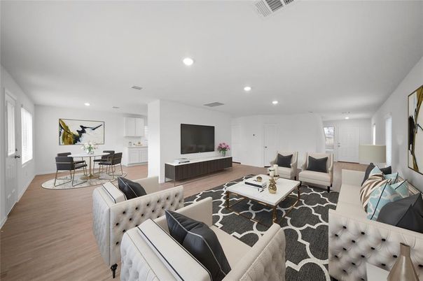 Dining room, Interior, Living room, Recessed Lighting, Wood Texture Flooring