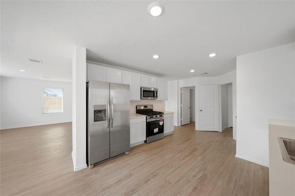 Interior, Kitchen, Recessed Lighting, Stainless Steel Appliances, Wood Texture Flooring