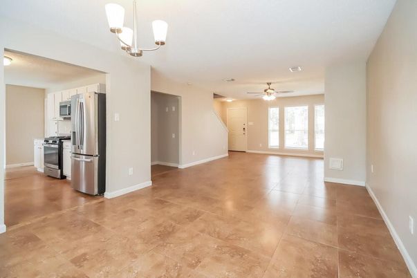 Empty room, Interior, Kitchen, Pendant Lights, Stainless Steel Appliances