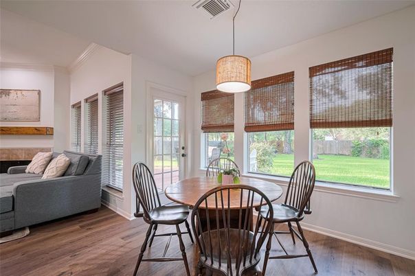 Dining room, Interior, Pendant Lights, Wood Texture Flooring
