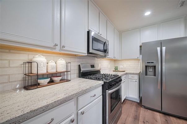 Interior, Kitchen, Recessed Lighting, Stainless Steel Appliances, Wood Texture Flooring