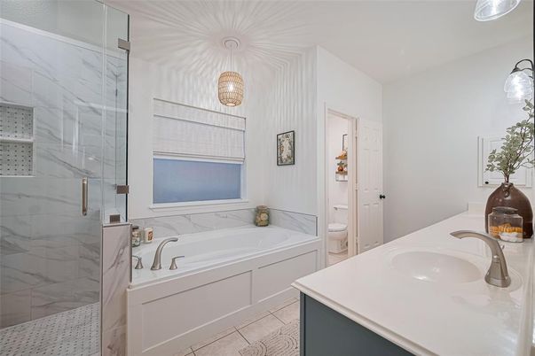 Bathroom, Glass Shower, Interior, Marble Walls, Pendant Lights