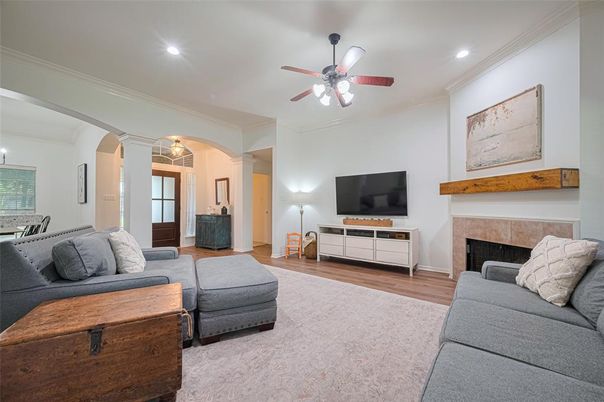Fireplace, Interior, Living room, Recessed Lighting, Wood Texture Flooring