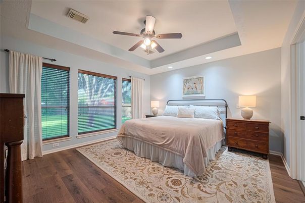 Bedroom, Interior, Recessed Lighting, Wood Texture Flooring