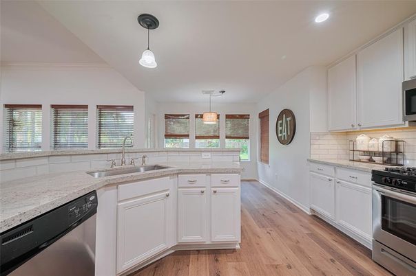 Interior, Kitchen, Pendant Lights, Recessed Lighting, Stainless Steel Appliances, Wood Texture Flooring