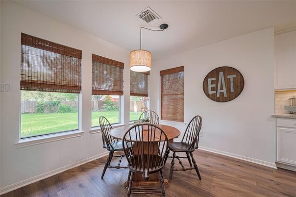 Dining room, Interior, Pendant Lights, Wood Texture Flooring