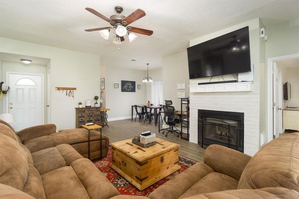Dining room, Fireplace, Interior, Living room, Pendant Lights, Wood Texture Flooring