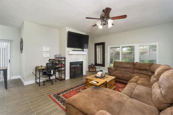 Fireplace, Home Office, Interior, Living room, Wood Texture Flooring